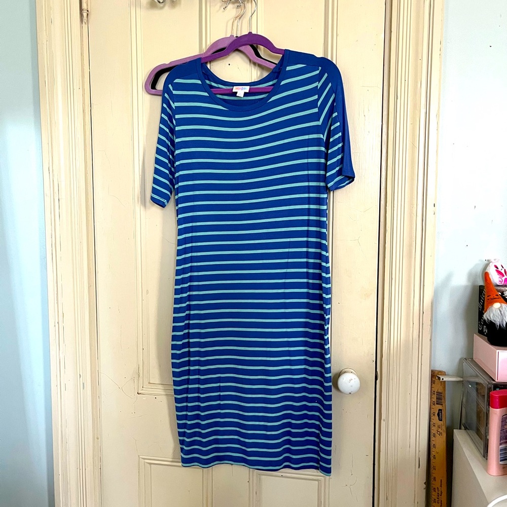 Teal and Blue Stripe Size L Julia Bodycon Dress Lularoe
